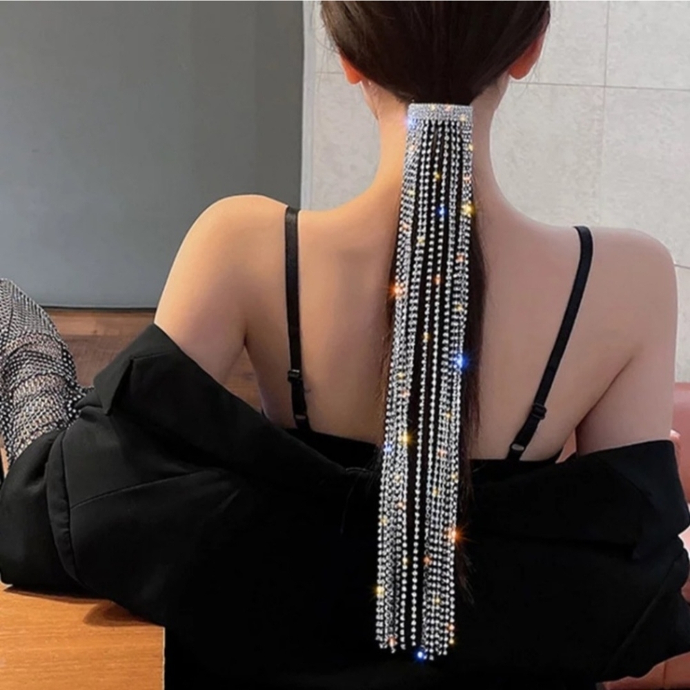 Silver Rhinestone Tassel Hair Clip Glamorous - Picture 7 of 12